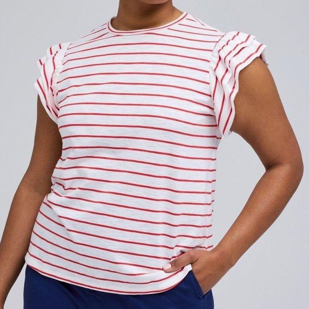 Belle Isle by Torrid Top Women 2 White Red Striped Ruffle Cap Sleeve Crew Neck